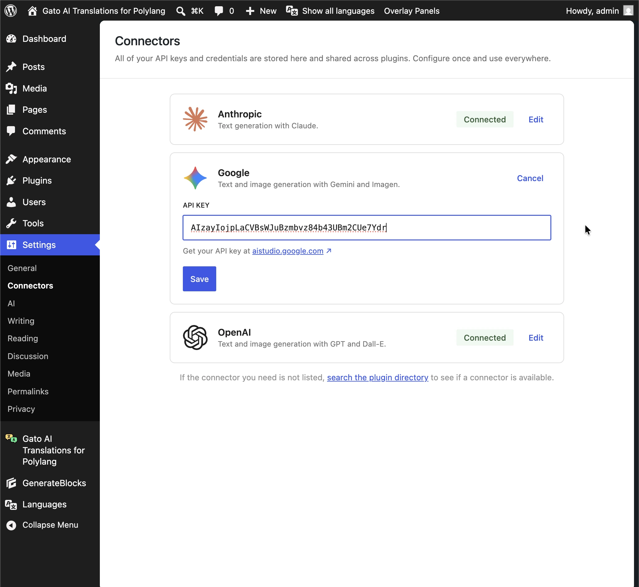 Die API-Schlüssel für Anthropic, Google und OpenAI werden aus WordPress AI Connectors übernommen