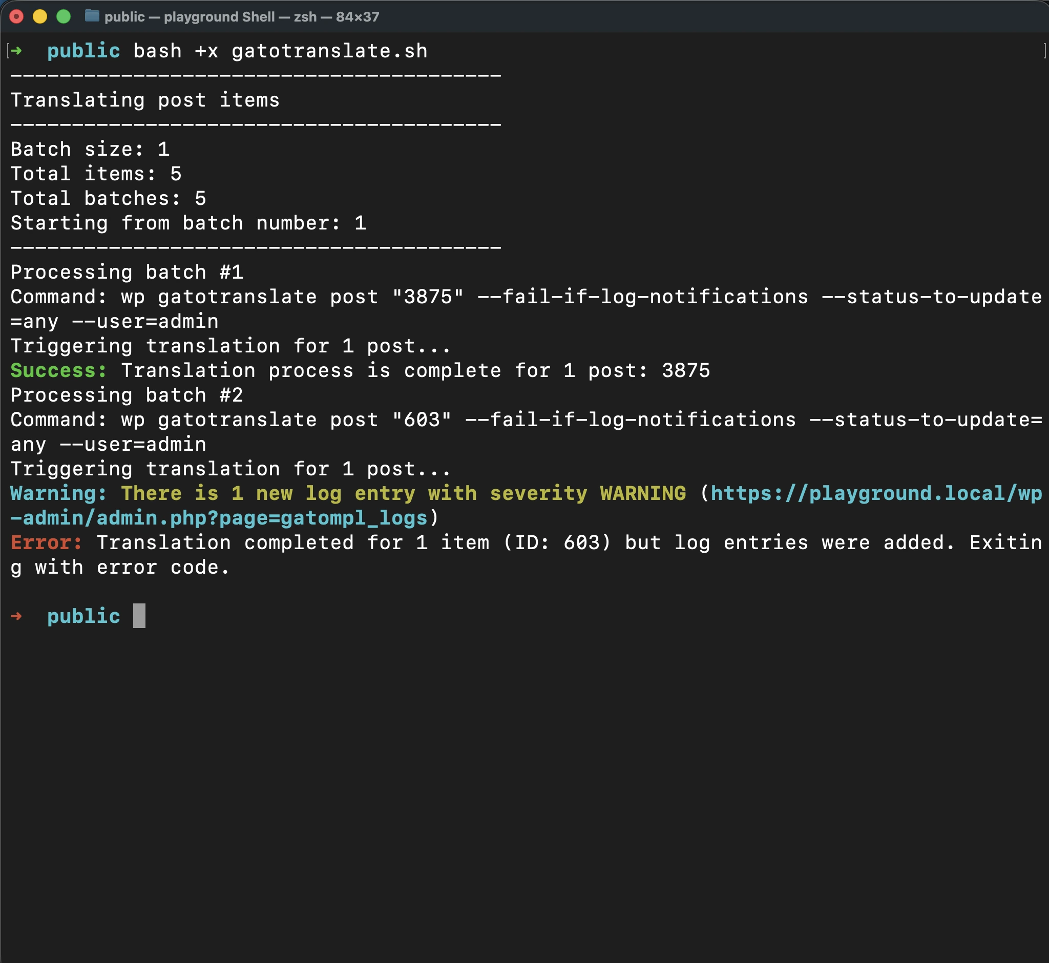 Ausführen des Skripts 'gatotranslate.sh' mit dem Parameter '--fail-if-log-notifications'