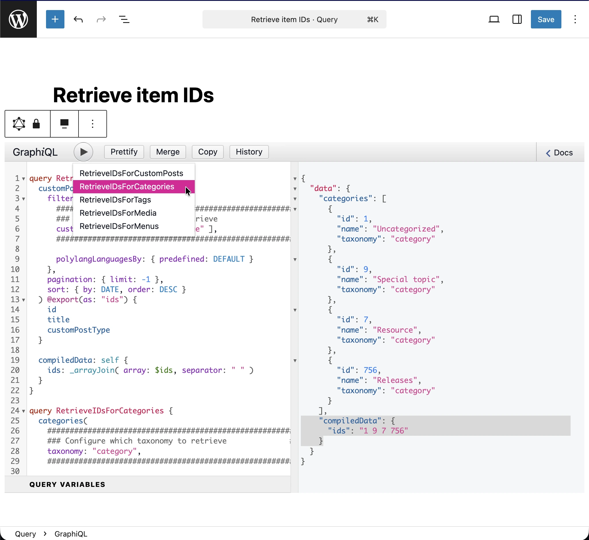 Ausführen der Query 'Retrieve item IDs'