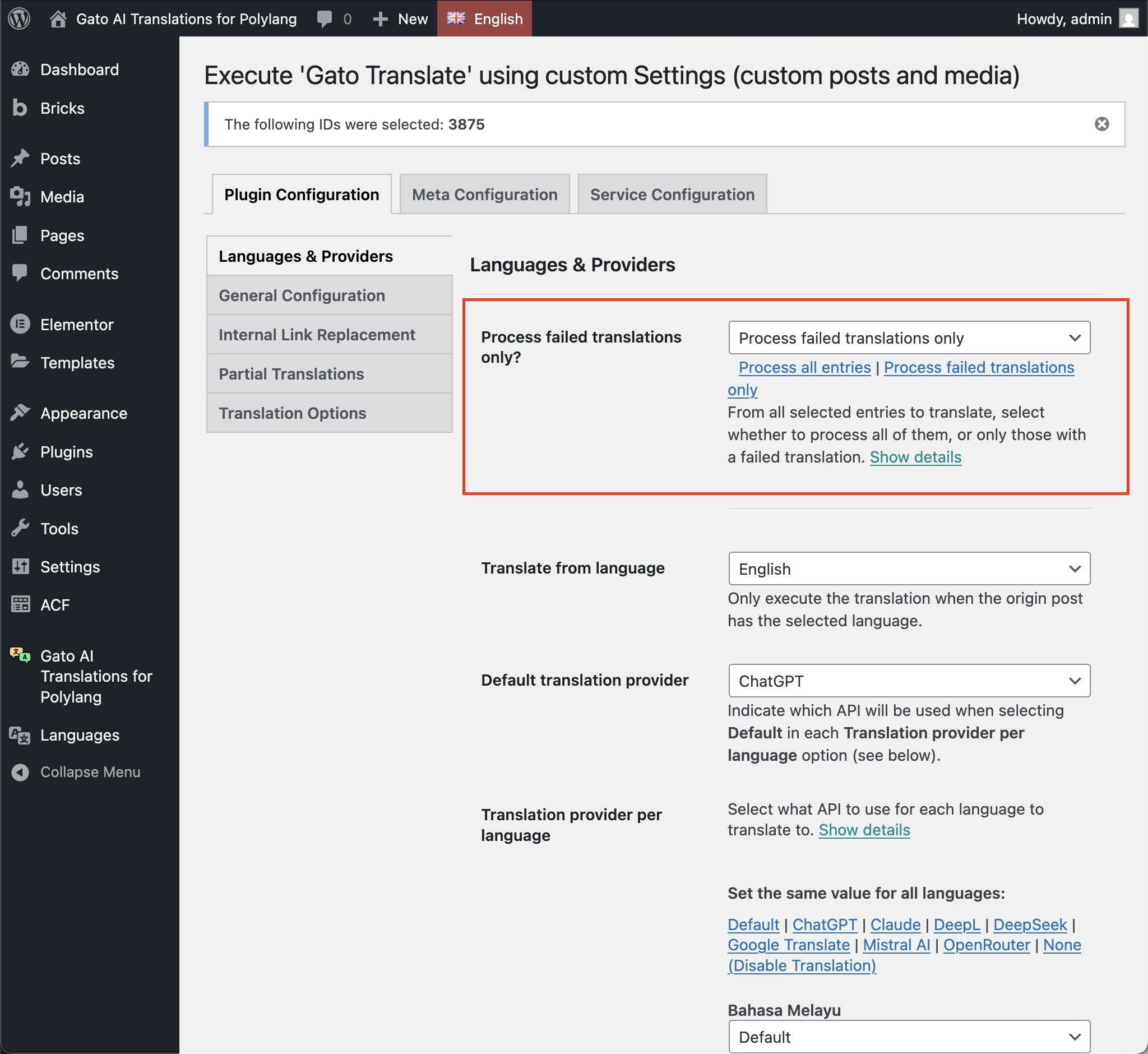 Auswahl der Option 'Process failed translations only' auf der Einstellungsseite von 'Gato Translate (Custom)'