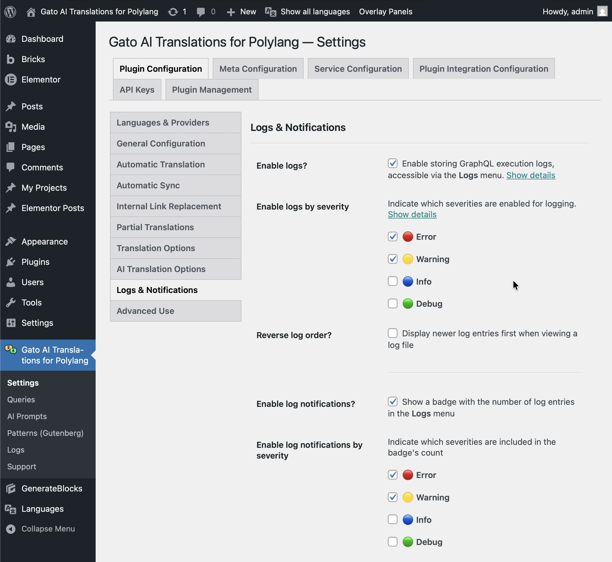 Einstellungen für Logs & Notifications