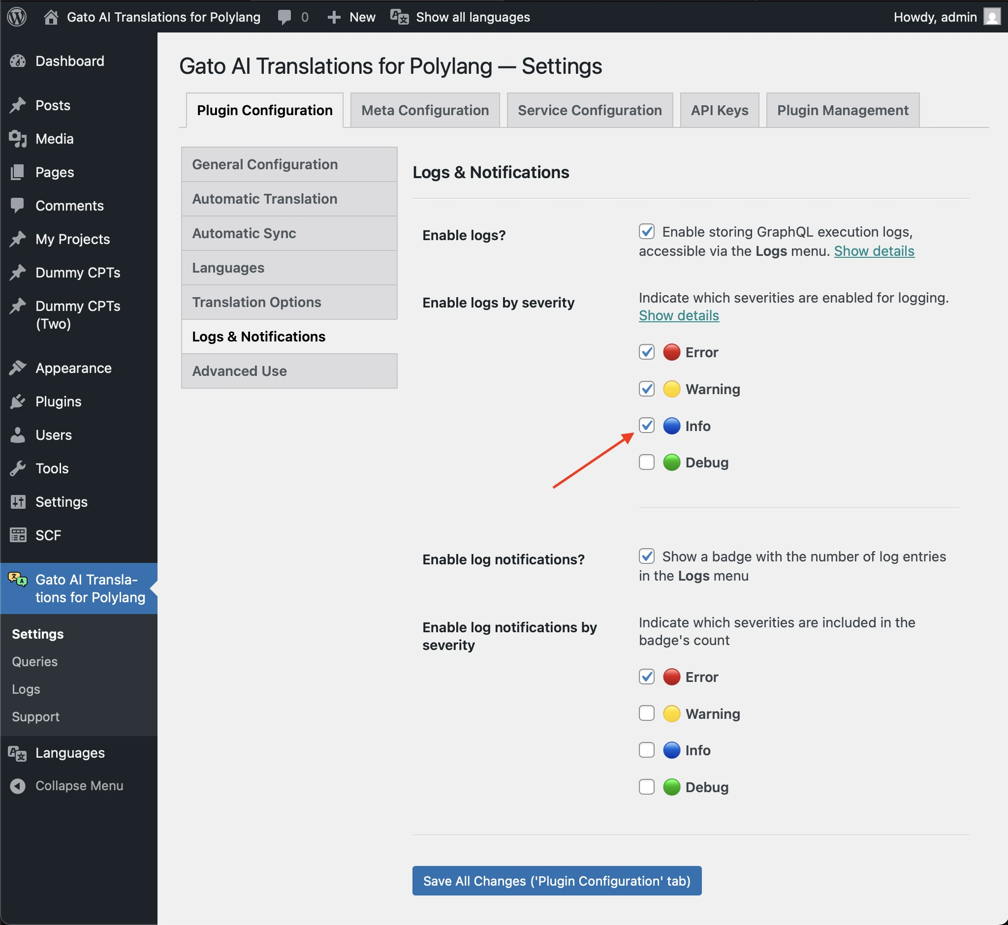 Info-Schweregrad in den Einstellungen von Logs & Notifications aktivieren