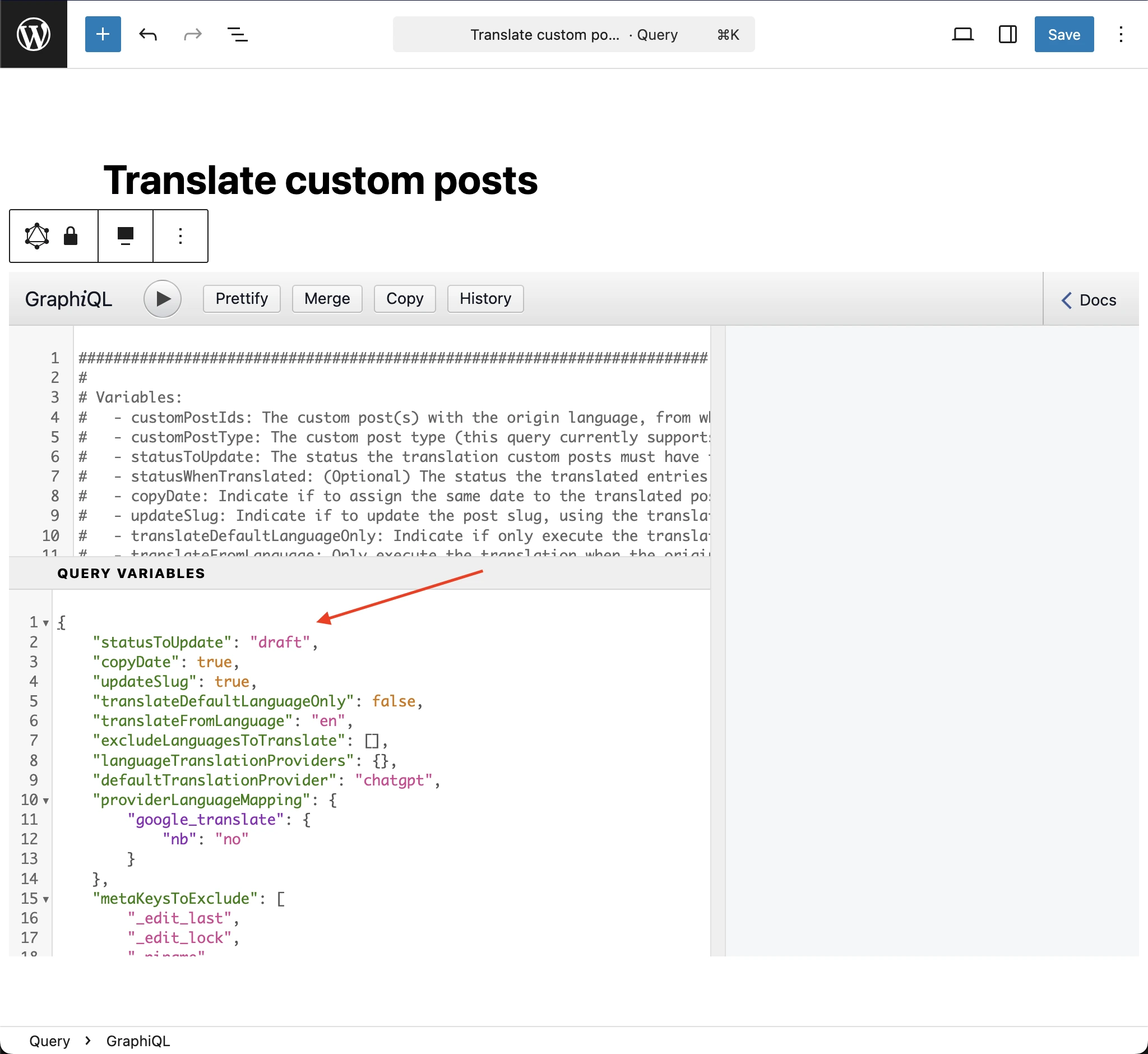 Variablen in den GraphiQL-Client einfügen