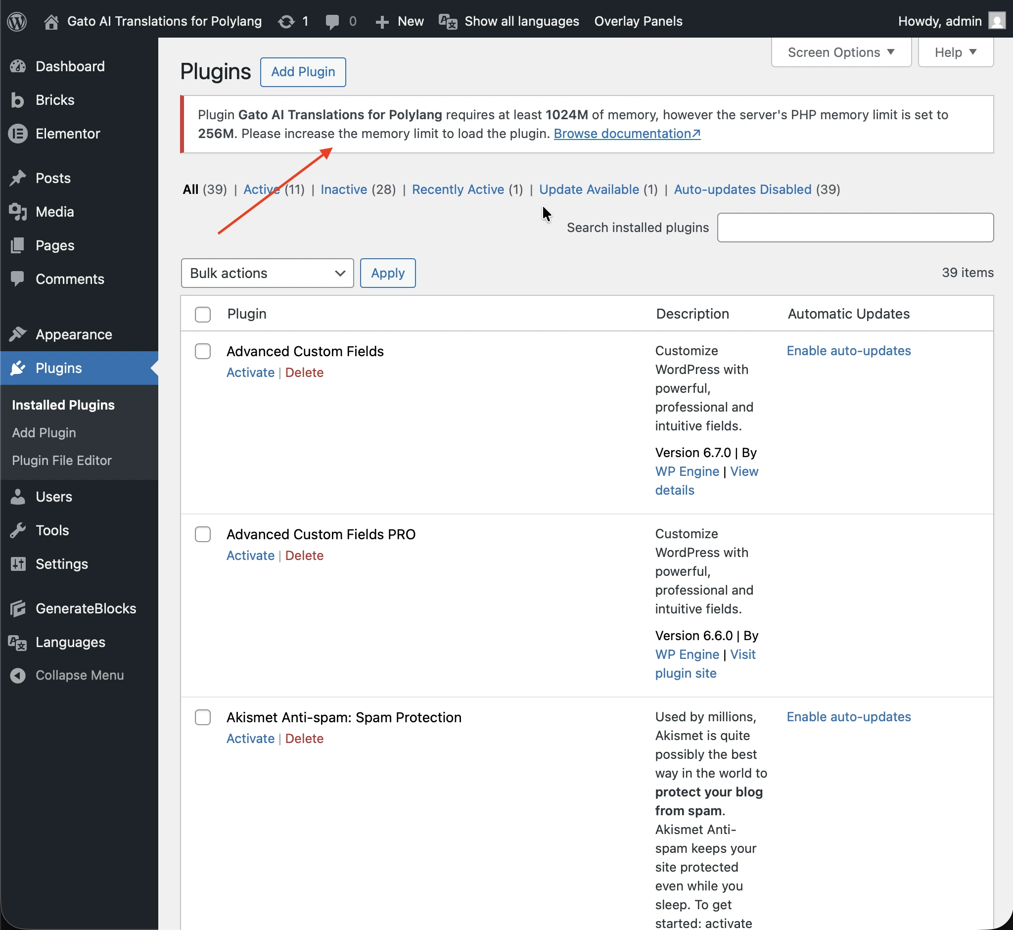 Speicherlimit-Warnung des Plugins