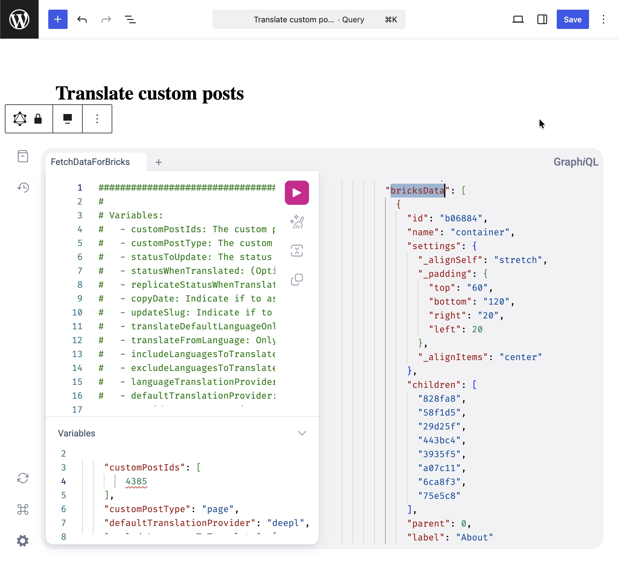 Untersuchung von bricksData in der GraphQL-Antwort von Translate custom posts