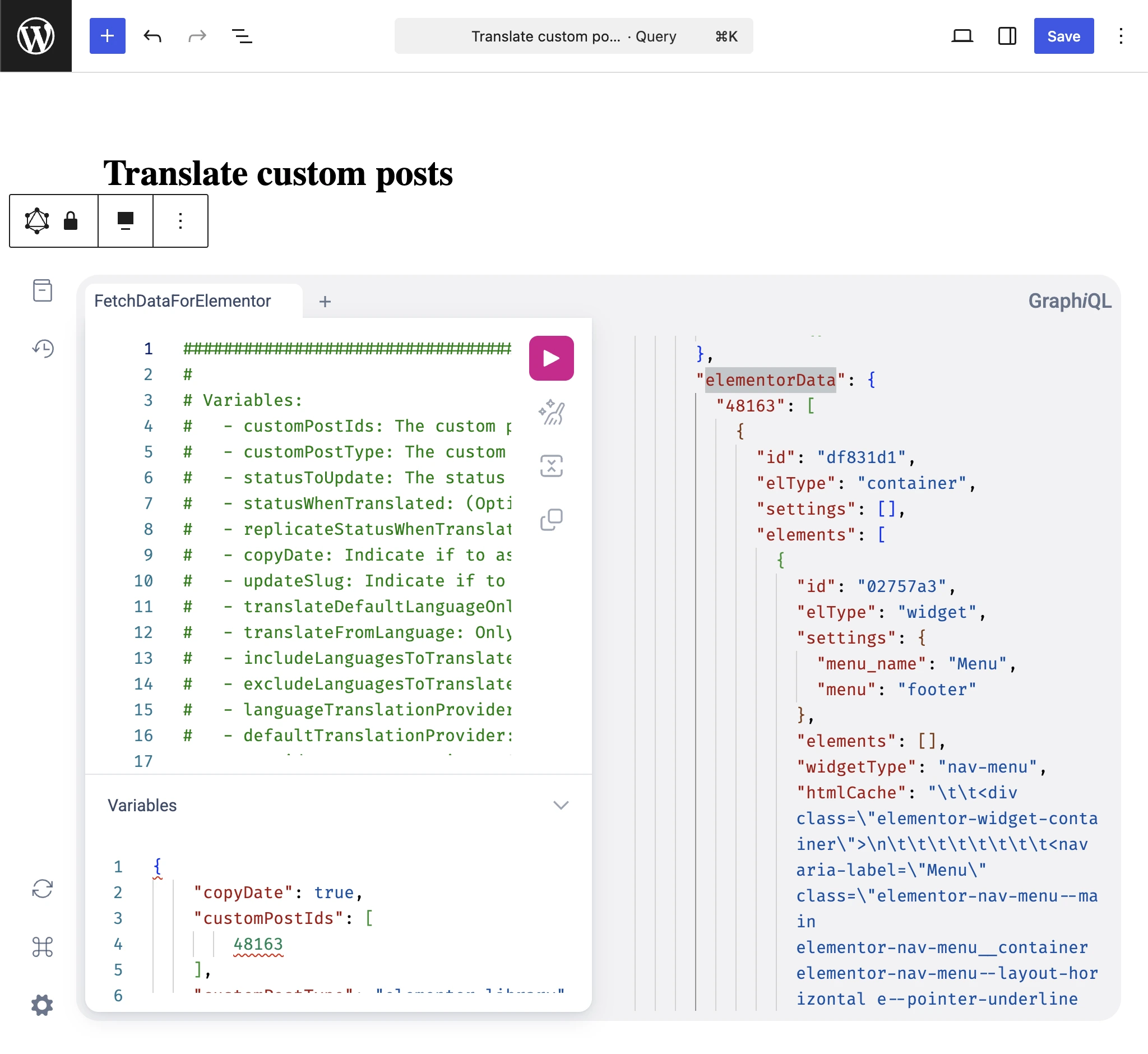Untersuchung von elementorData in der GraphQL-Antwort von Translate custom posts