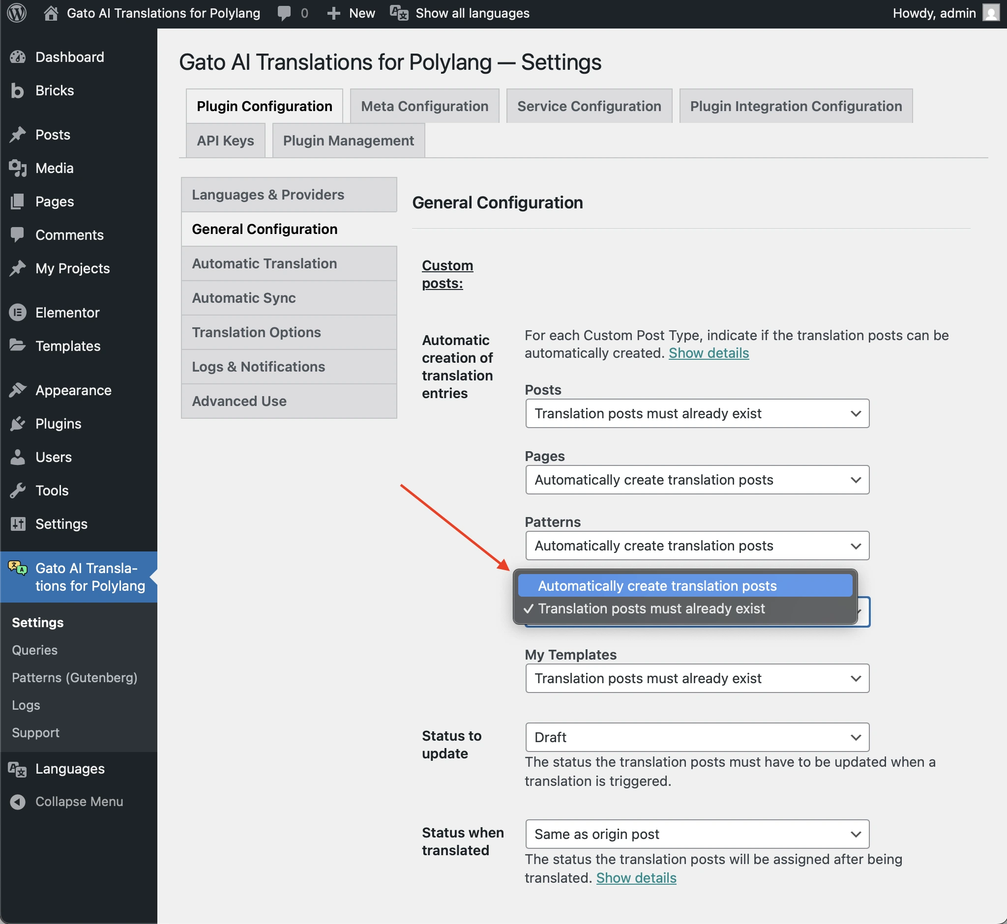 Einstellung der Option 'Automatic creation of translation entries'