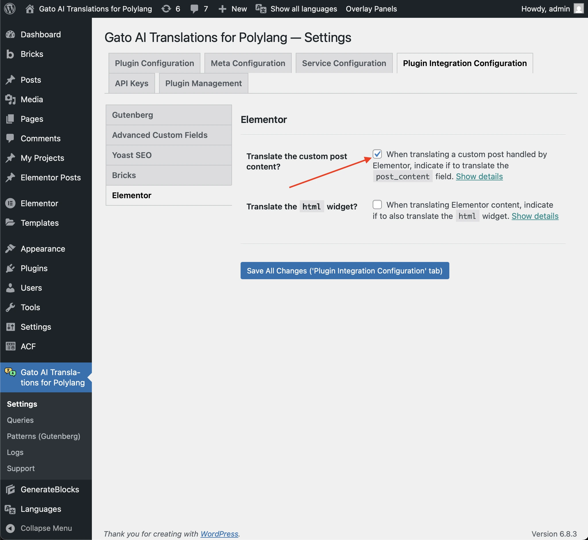 Konfiguration der Option 'Translate content' für Elementor