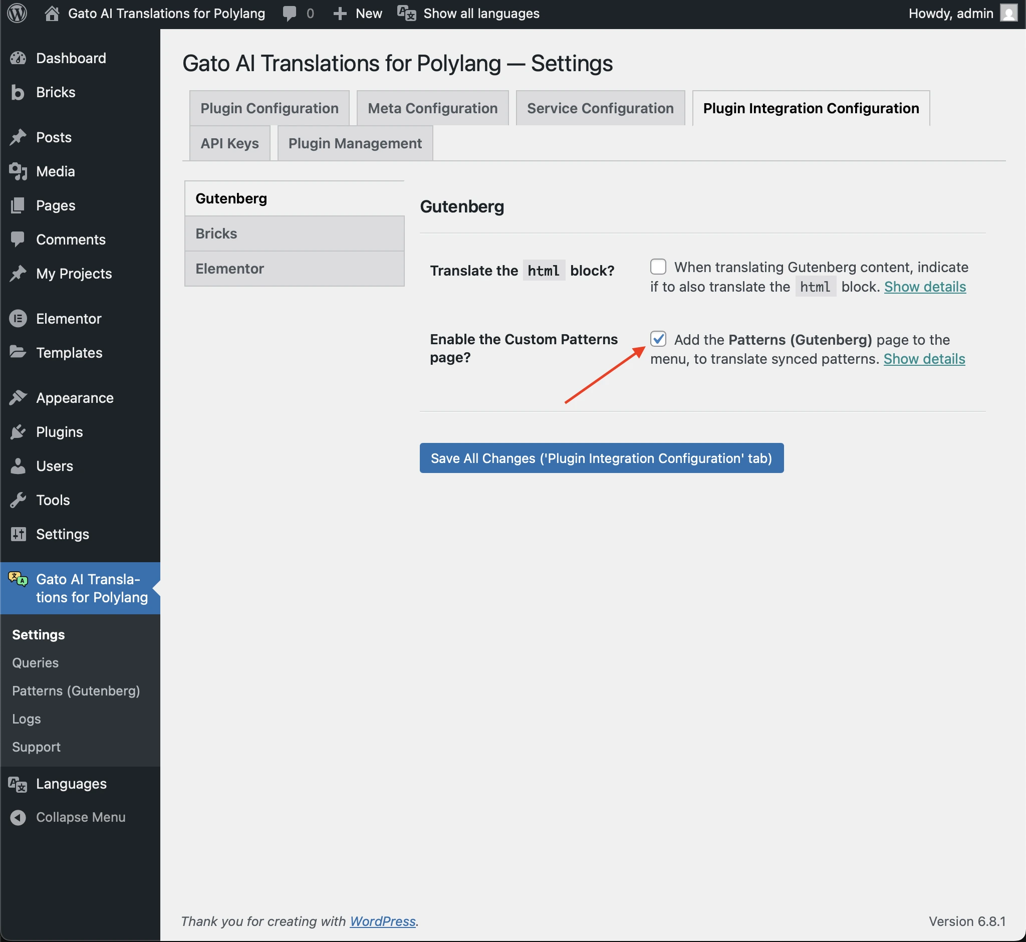 Die benutzerdefinierte Patterns-Seite in den Settings aktivieren