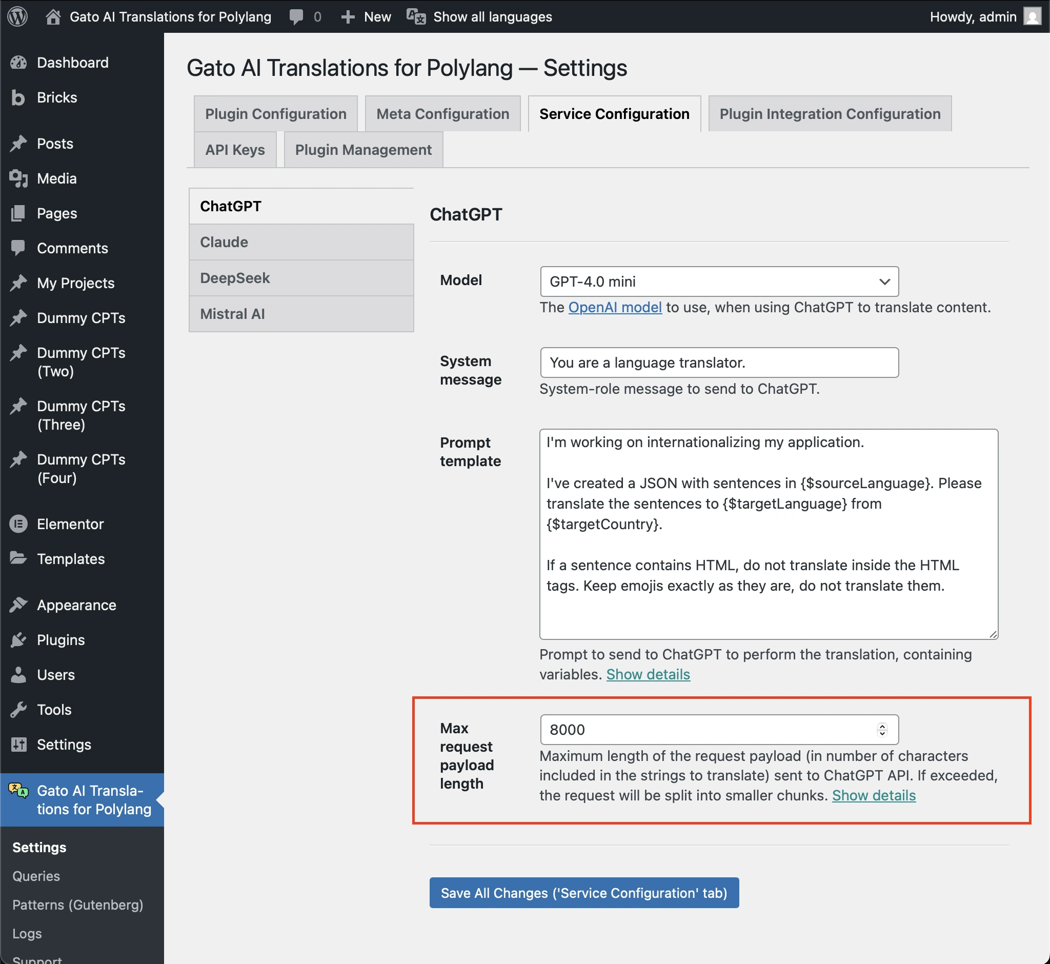 Konfiguration der Option 'Max request payload length'