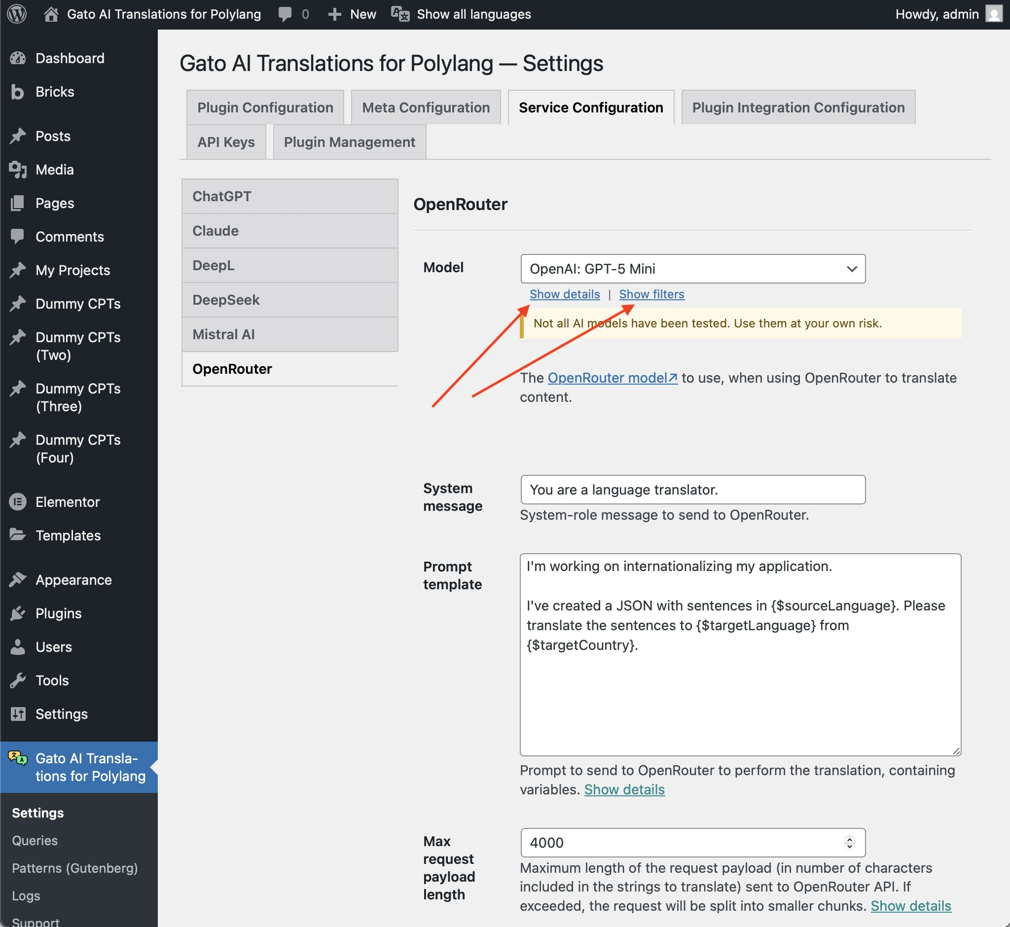 Links zum Anzeigen von Details und Filtern der KI-Modelle