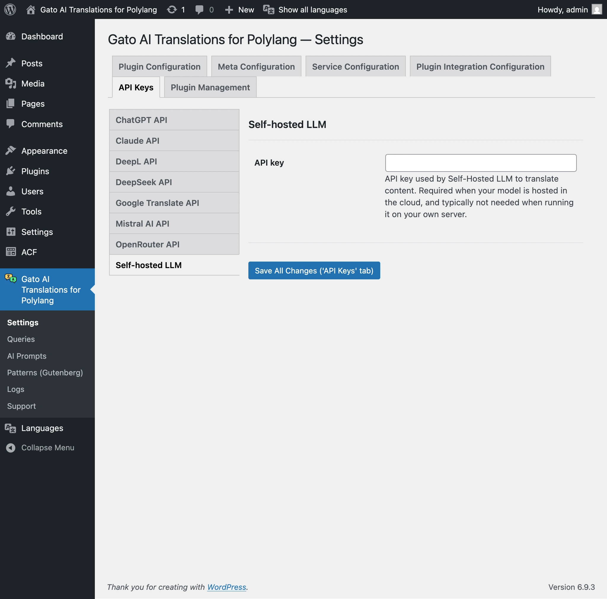 Angabe des API-Schlüssels für ein self-hosted LLM in den Einstellungen