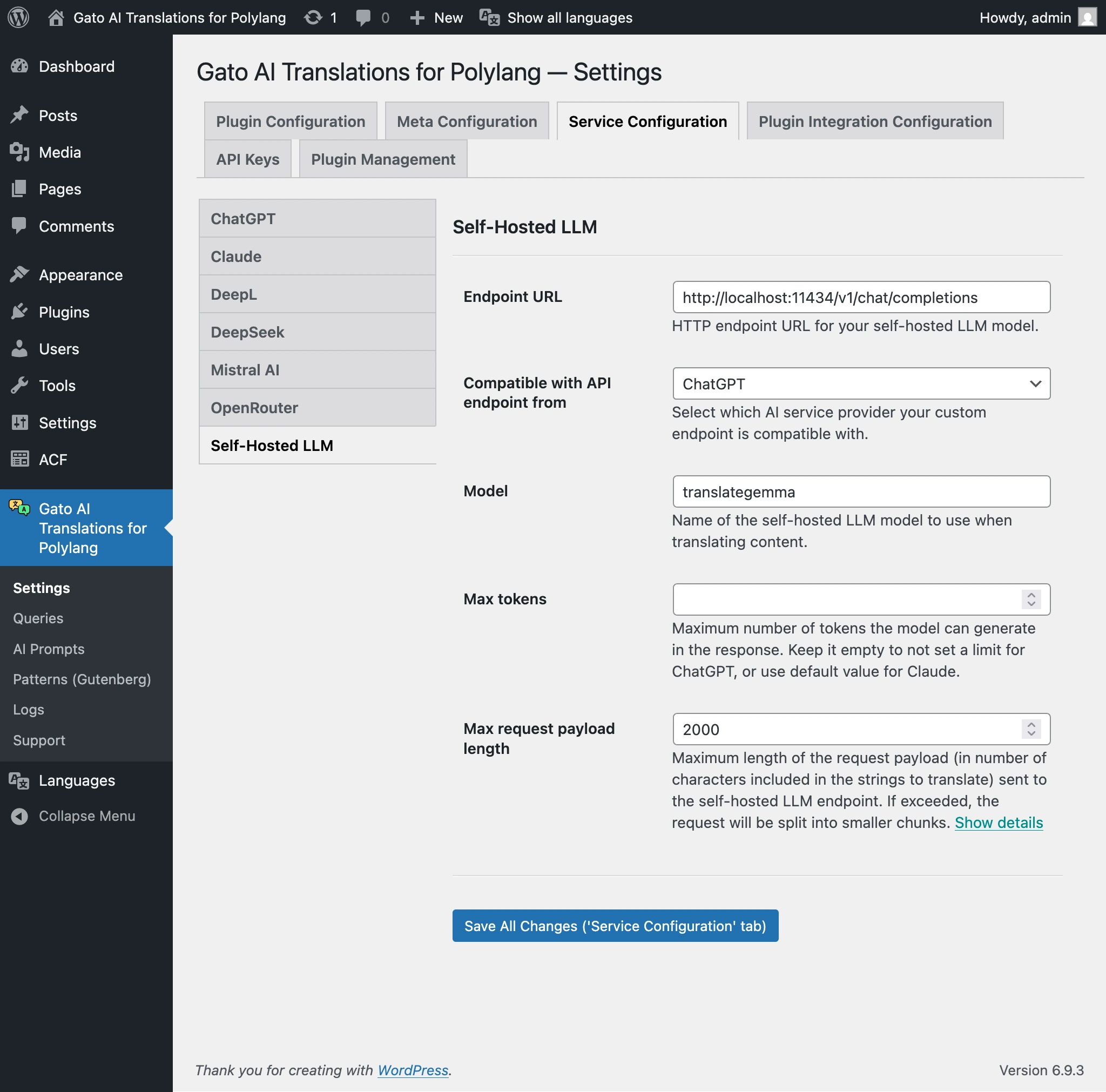 Konfiguration eines self-hosted LLM in den Einstellungen