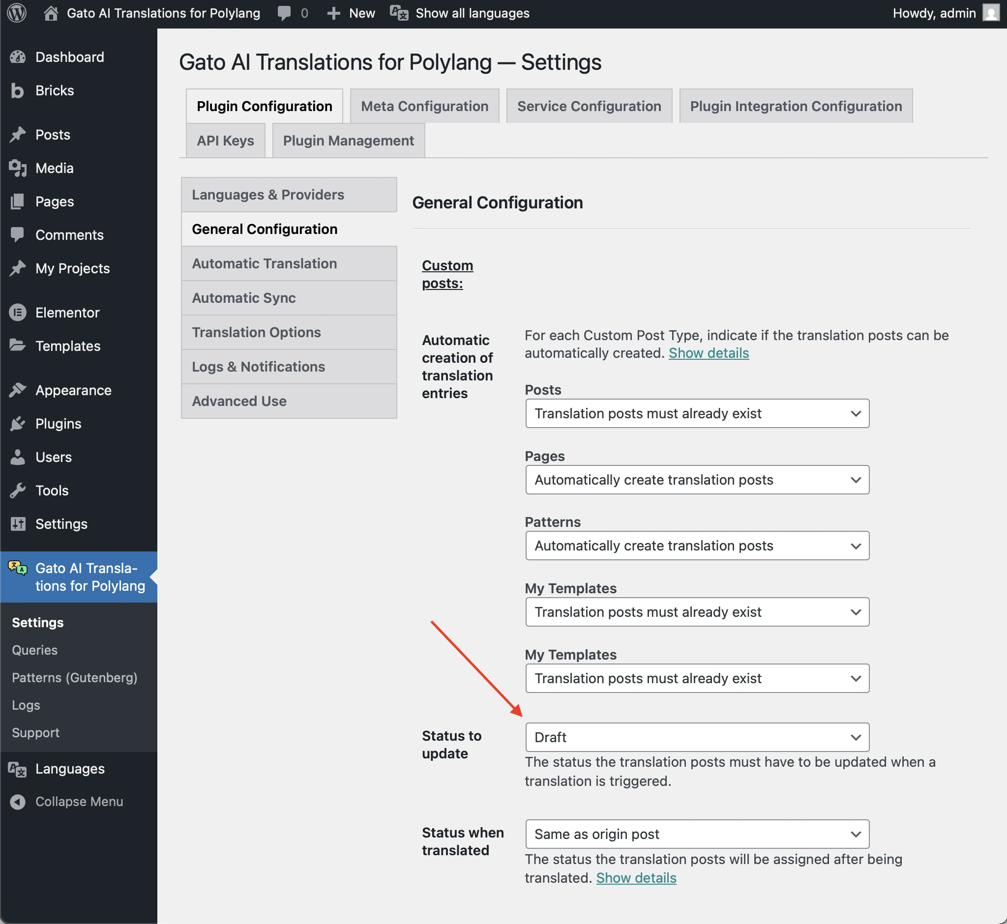 Einstellung der Option 'Status to update'