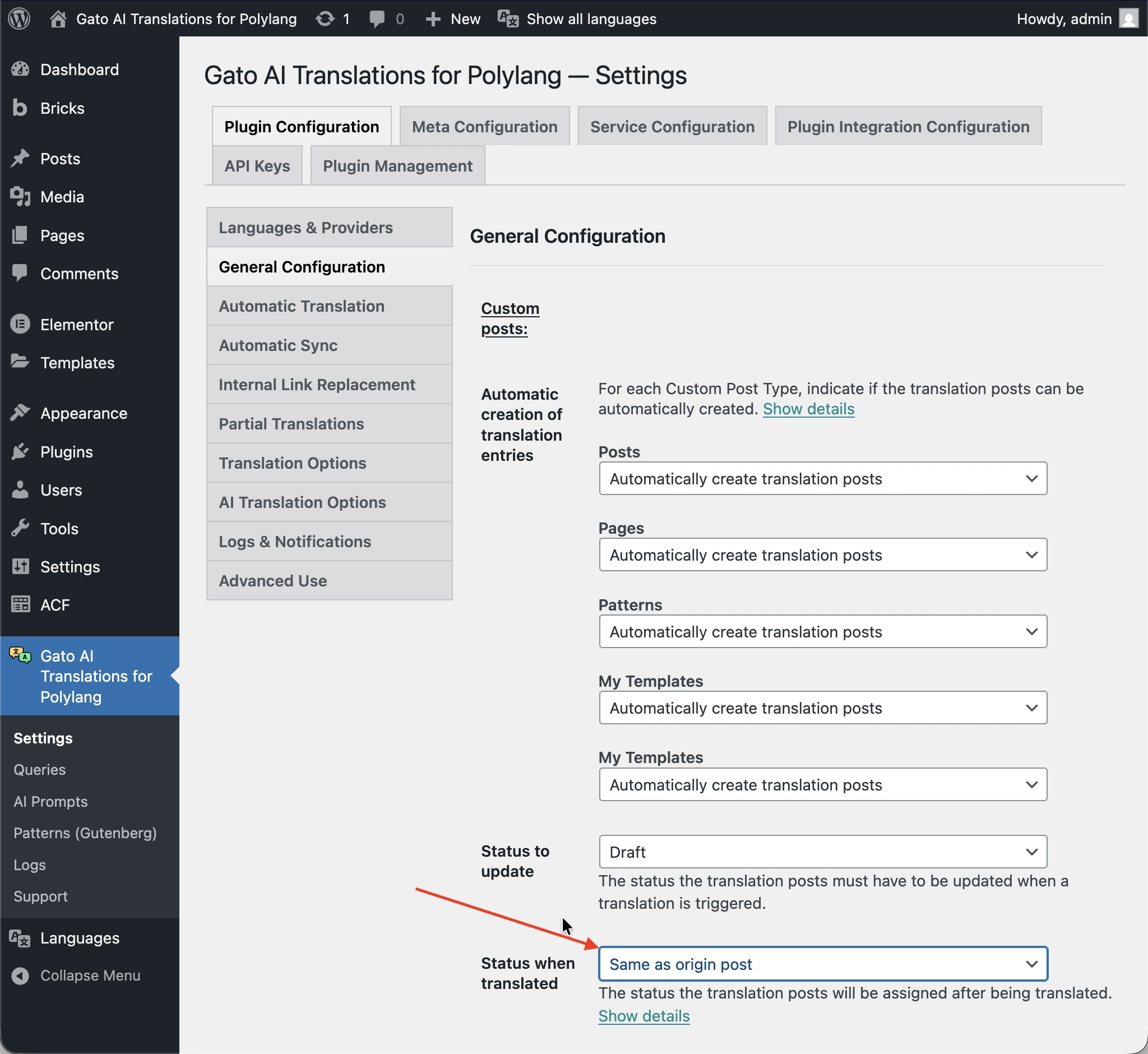 Einstellung der Option 'Status when translated' auf 'Publish' oder 'Same as origin post'
