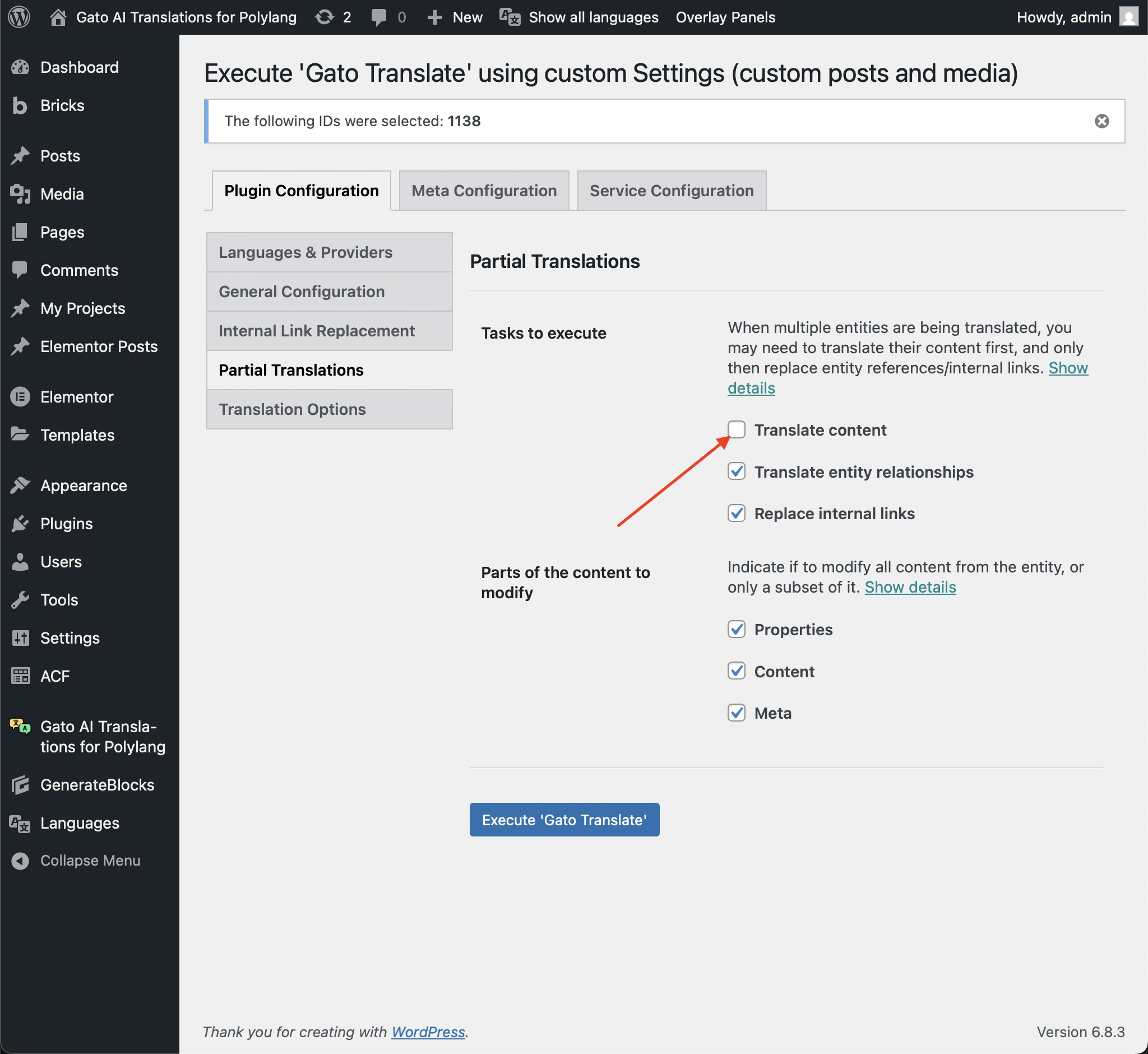 Deaktivierung der Option 'Translate content'
