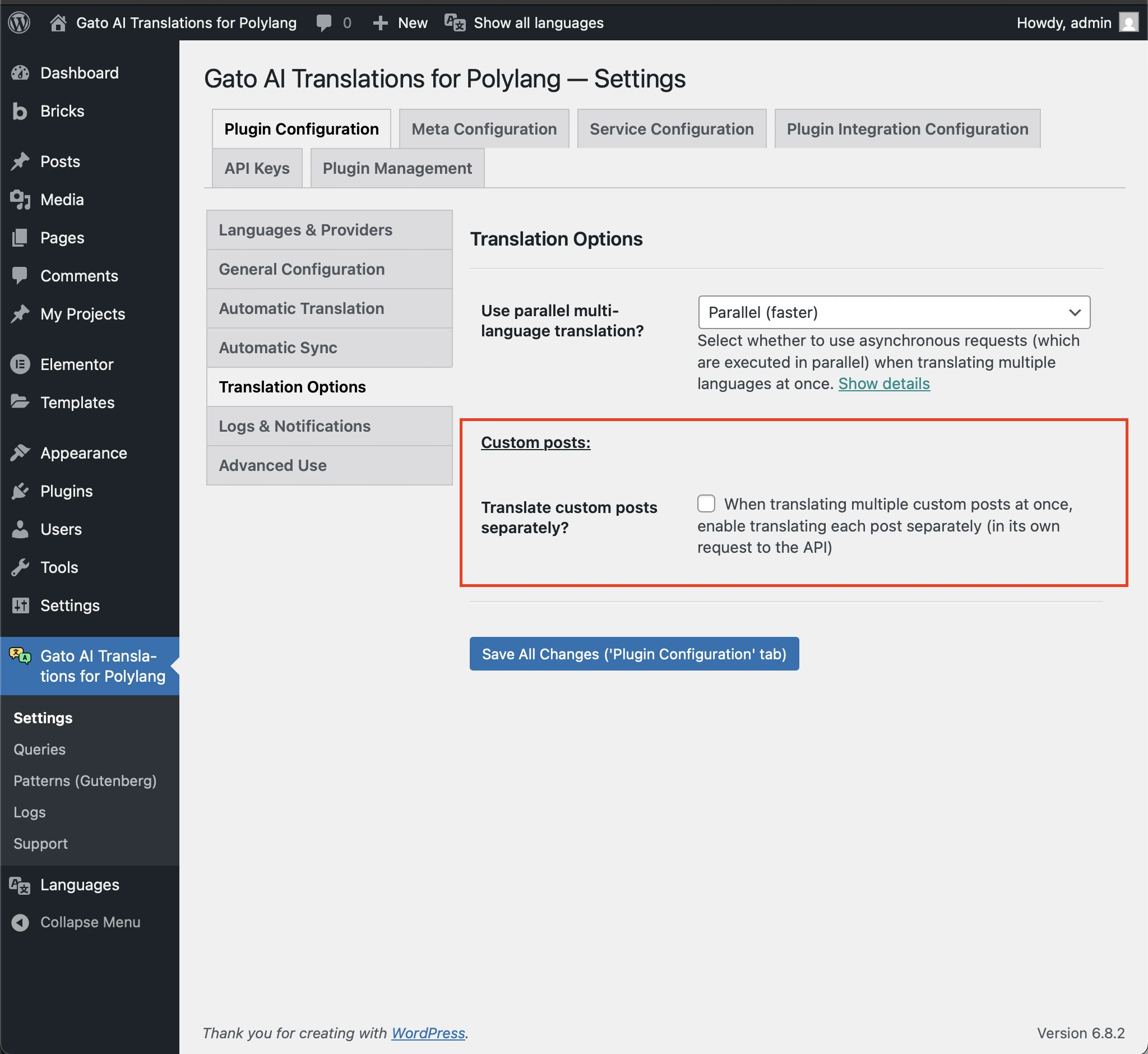 Option 'Translate custom posts separately?' in den Einstellungen