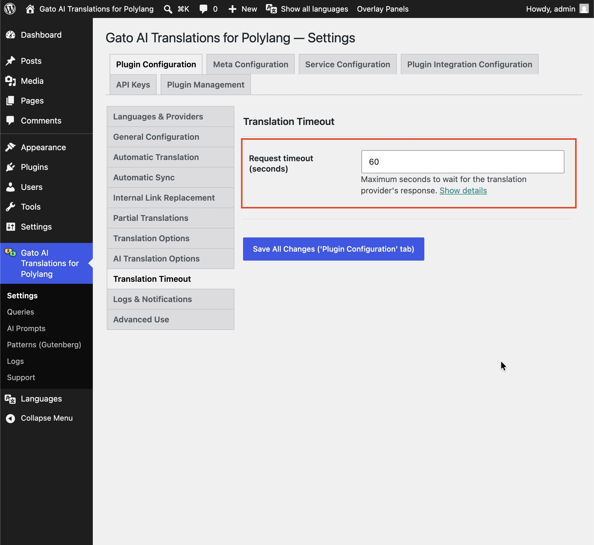 Konfiguration der Option Translation Timeout