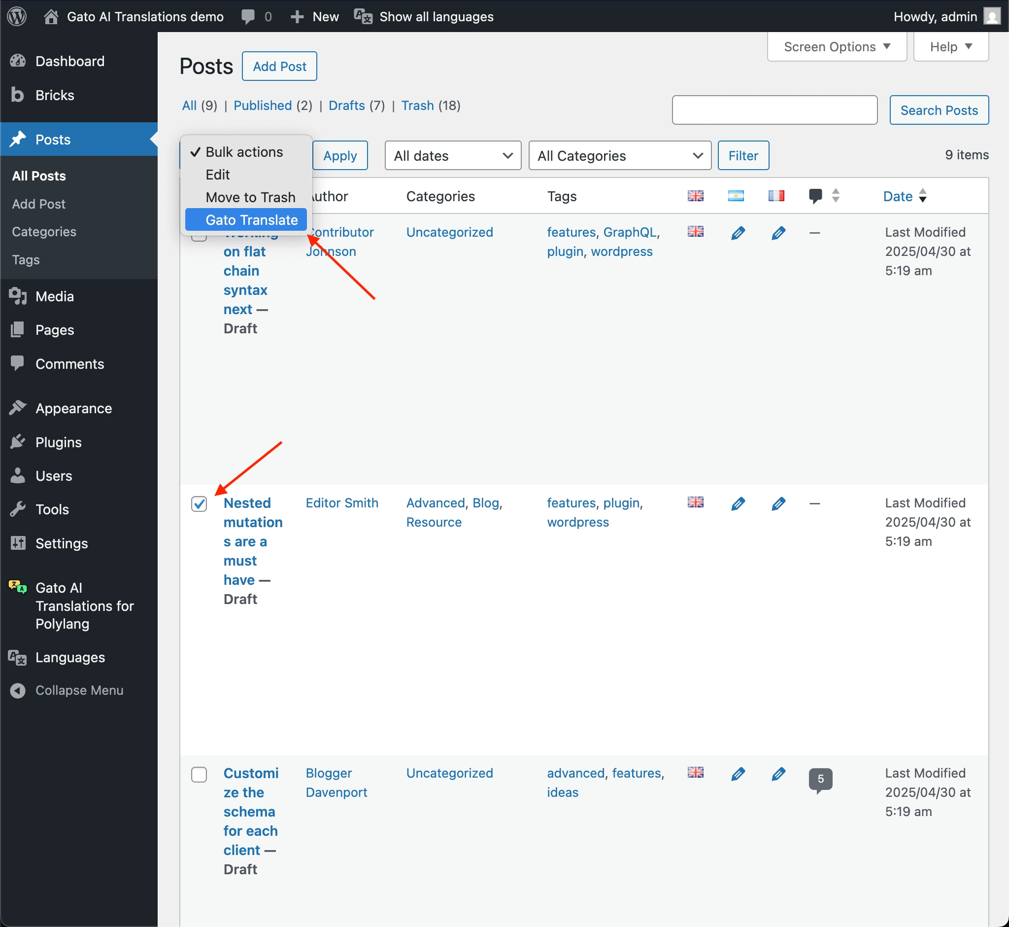 Mehrere Beiträge gleichzeitig über Bulk Actions → Gato Translate übersetzen