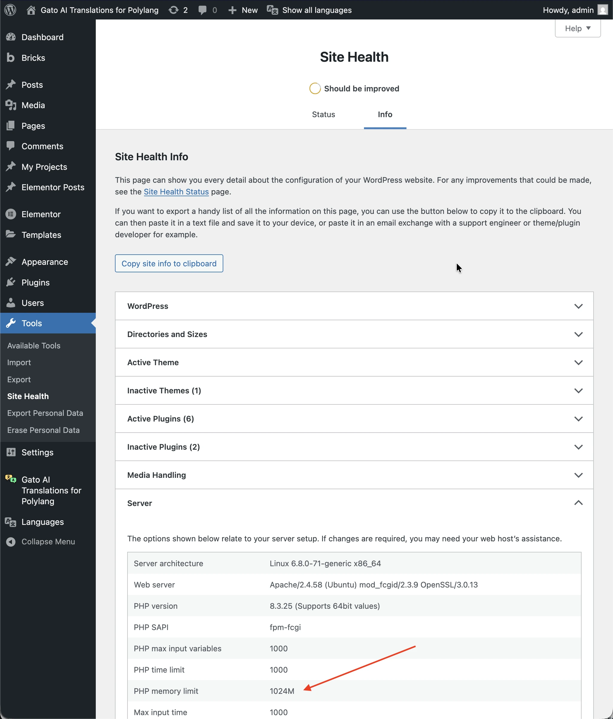 Prüfen des PHP-Speicherlimits im WordPress Website-Zustand