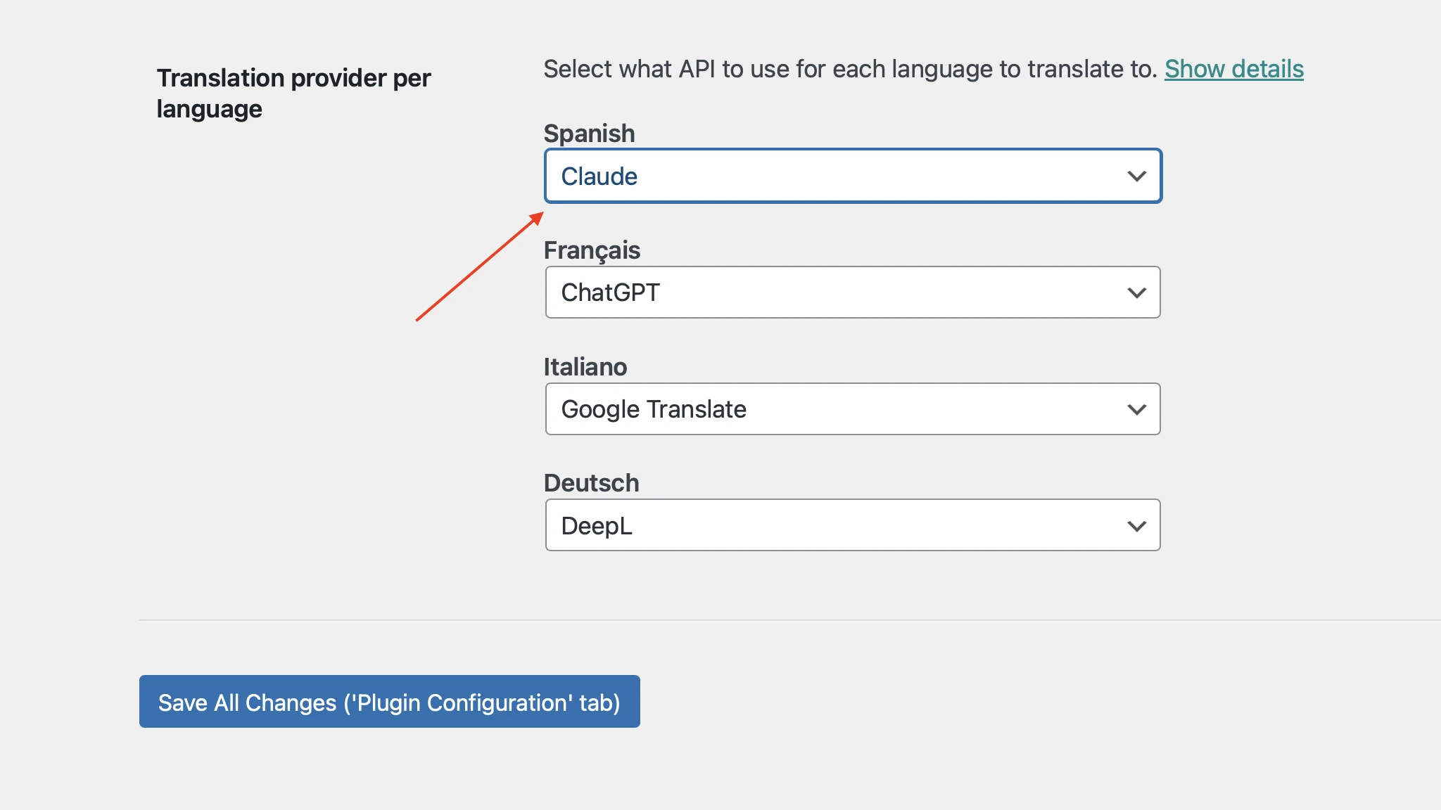 Auswahl des Anbieters für jede Sprache