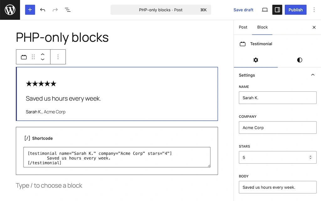 Beispiel eines benutzerdefinierten WordPress-Blocks, der nur mit PHP erstellt wurde