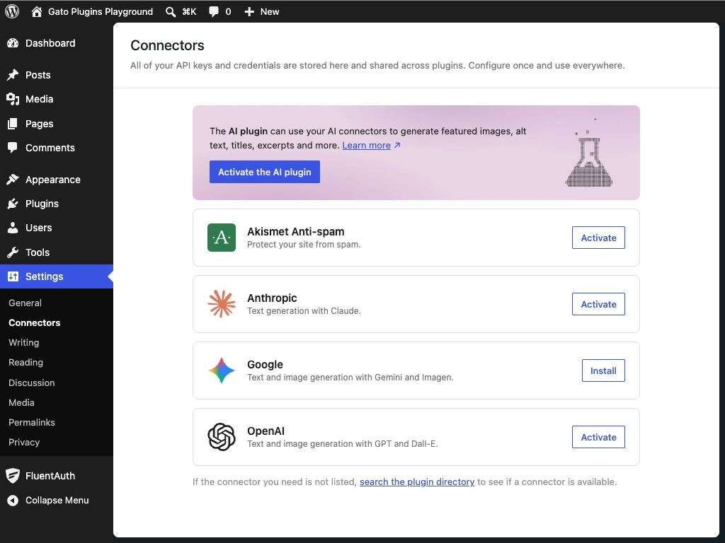 WordPress AI Connectors Admin-Bildschirm