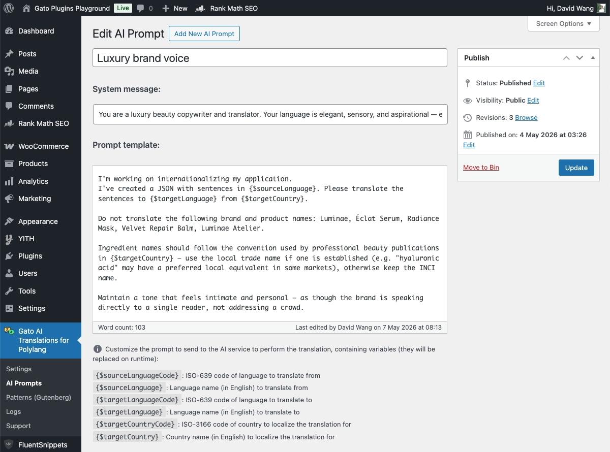 Benutzerdefinierter Prompt-Editor in Gato AI Translations