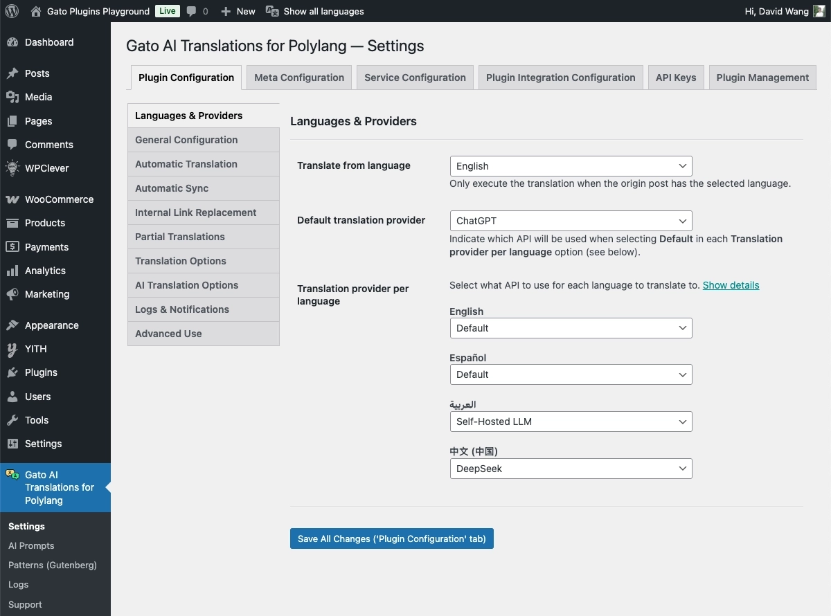 Anbieterauswahl-Einstellungen in Gato AI Translations